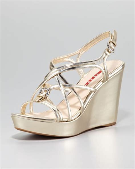 prada metallic strappy wedge sandal gold|Prada sandals for sale.